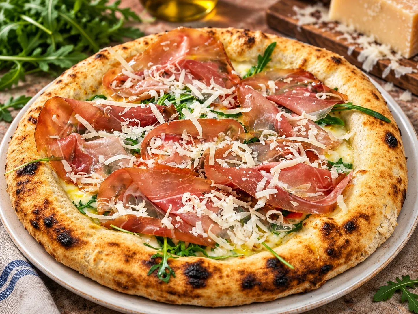 Pizza con prosciutto, rucola e scaglie di formaggio, immagine rielaborata da una fotografia fornita